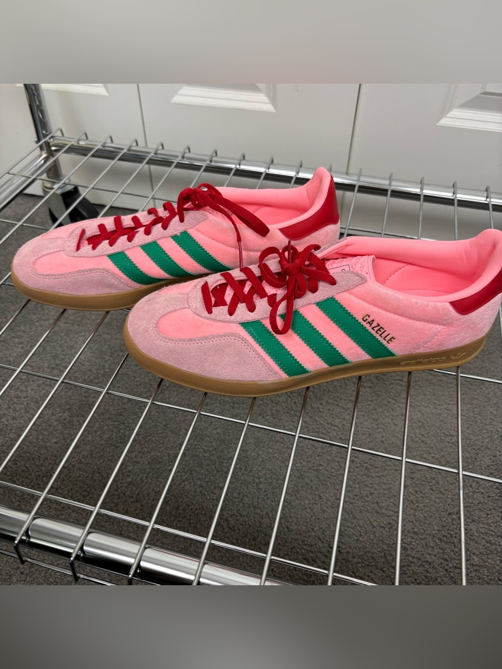 ADIDAS Gazelle Pink Velvet with green Stripes, red laces.